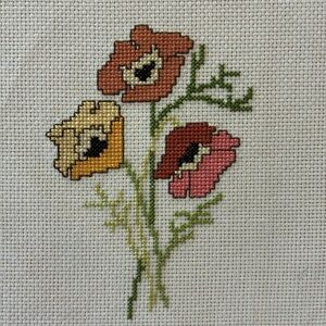 Hand Crafted Floral Cross Stitch Art - Red, Yellow, Orange